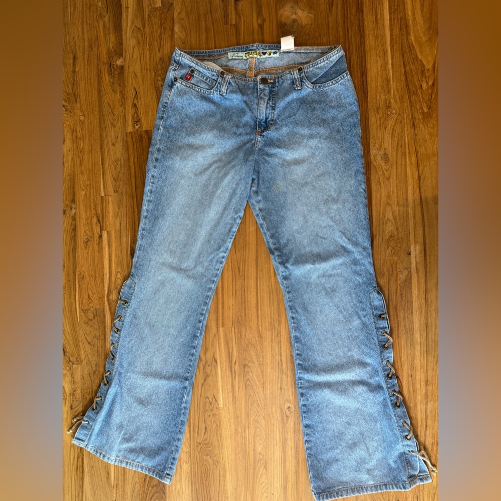 Mudd Jeans Vintage Y2K Jeans Juniors 11 Flare w/ Tie Up Legs 31” Inseam - Picture 4 of 12